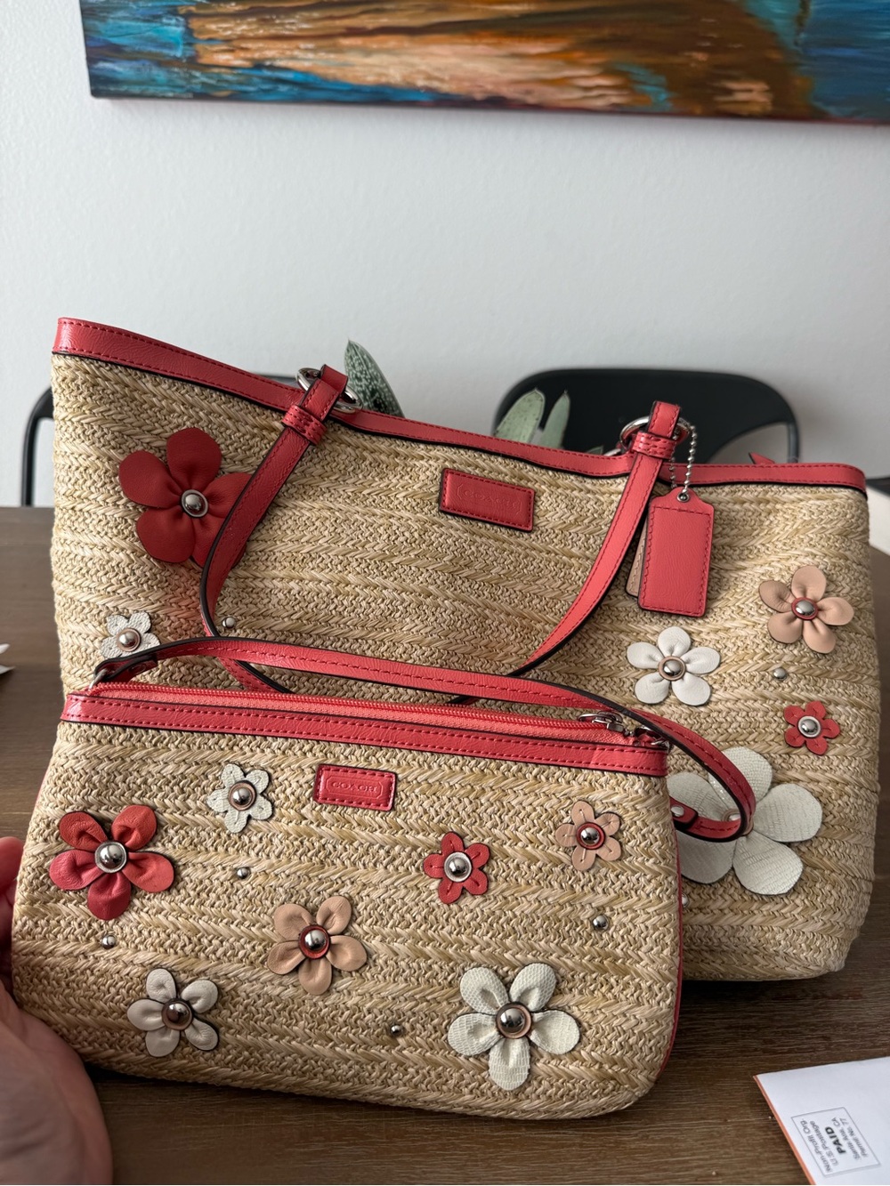 Vintage Coach Hampton Natalia Straw Floral Appliqué Tote & Wristlet Set NWOT